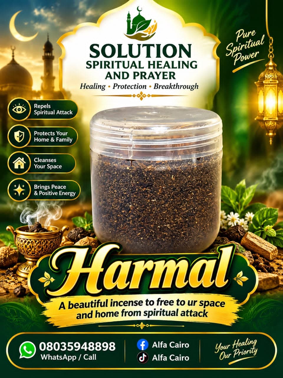 Jar of Harmal Incense with brass censer and smoke